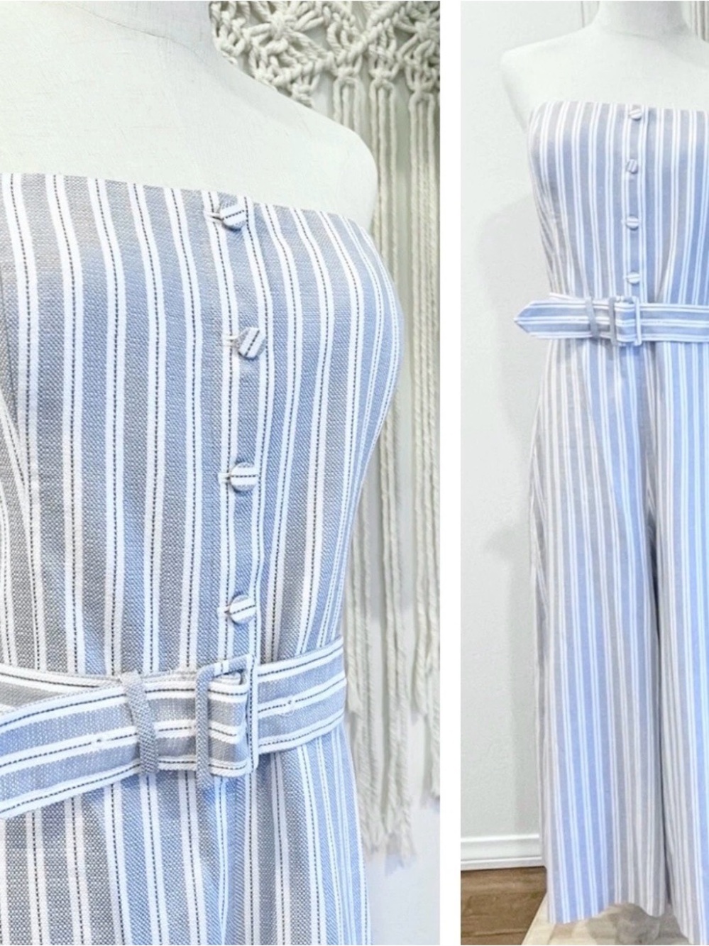NWT Club Monaco Light Blue and White Strapless Striped Wide-Leg Jumpsuit